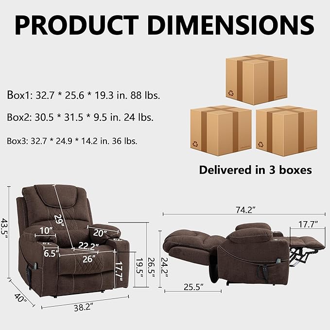 Large Power Lift Recliner Chair Sofa with Massage and Heat for Big and Tall ElderlyInfinite PositionsDual MotorCup HoldersExtended FootrestVelvet Home Theater Seat