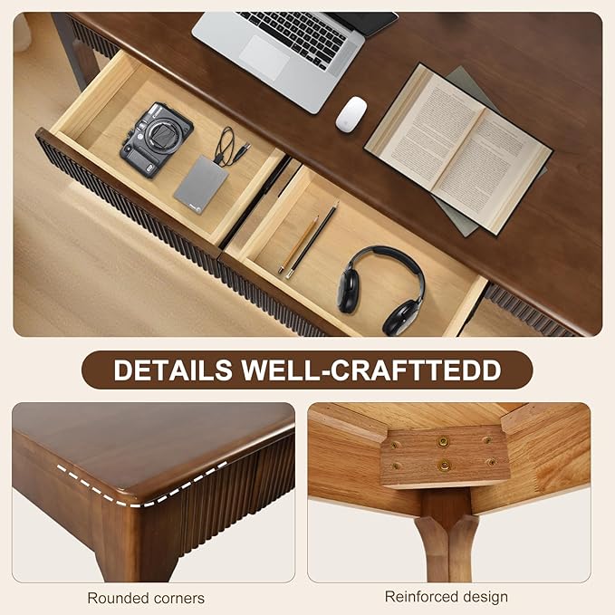 39.4'' Solid Wood Desk with 2 Drawers Mid Century Modern Home Writing Office Small Wooden Desk Vintage Computer Table with Storage for Living Room Bedroom Fluted Design Walnut(Walnut 39.4 Inch)