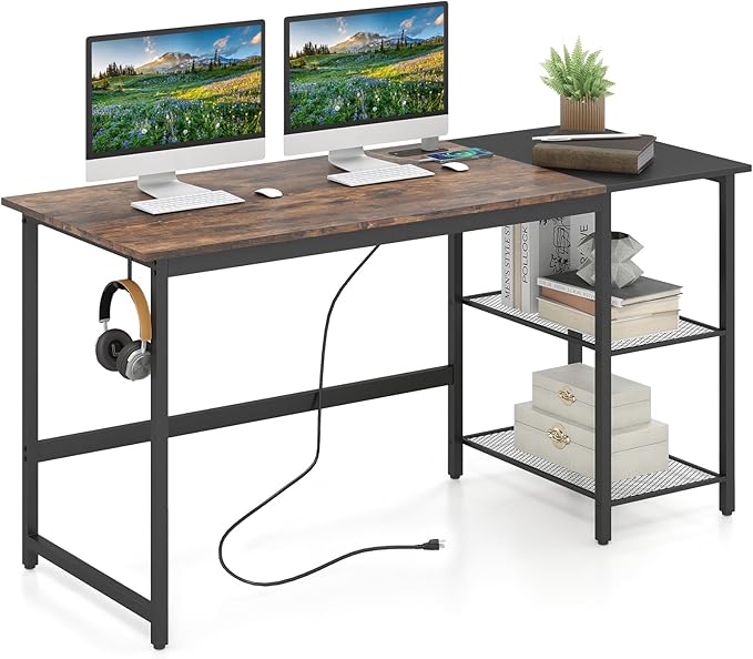GOFLAME 59” Computer Desk Modern Simple Study Writing Desk with Built-in Power Outlet Removable Shelf &amp Side Headphone Hook Home Office Laptop PC Desk Gaming Table Workstation (Rustic Brown)
