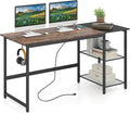 GOFLAME 59” Computer Desk Modern Simple Study Writing Desk with Built-in Power Outlet Removable Shelf &amp Side Headphone Hook Home Office Laptop PC Desk Gaming Table Workstation (Rustic Brown)