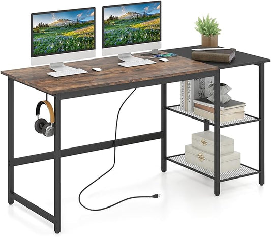 GOFLAME 59” Computer Desk Modern Simple Study Writing Desk with Built-in Power Outlet Removable Shelf &amp Side Headphone Hook Home Office Laptop PC Desk Gaming Table Workstation (Rustic Brown)