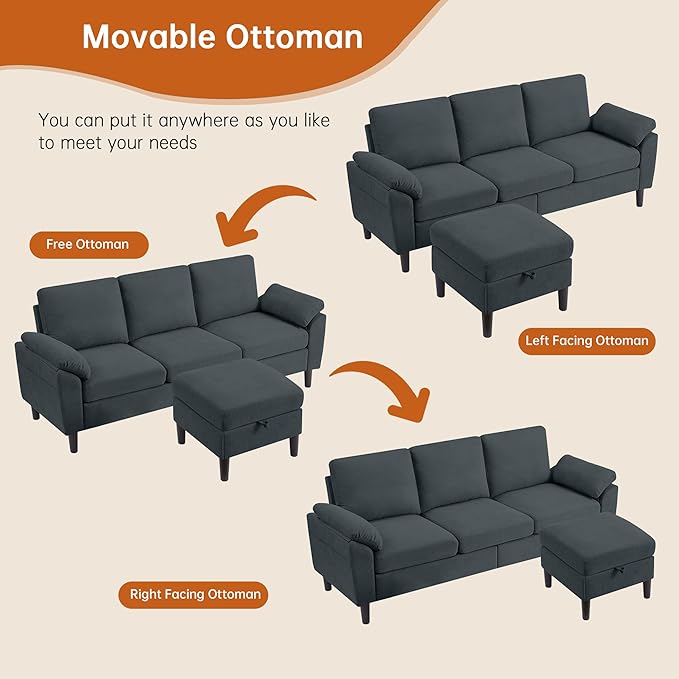 Convertible Sectional Sofa Modern L Shaped 3-seat Sofa 79 Linen Fabric Small Sectional Couch with Movable Ottoman Couch for Small Spaces Living Room (Dark Grey)