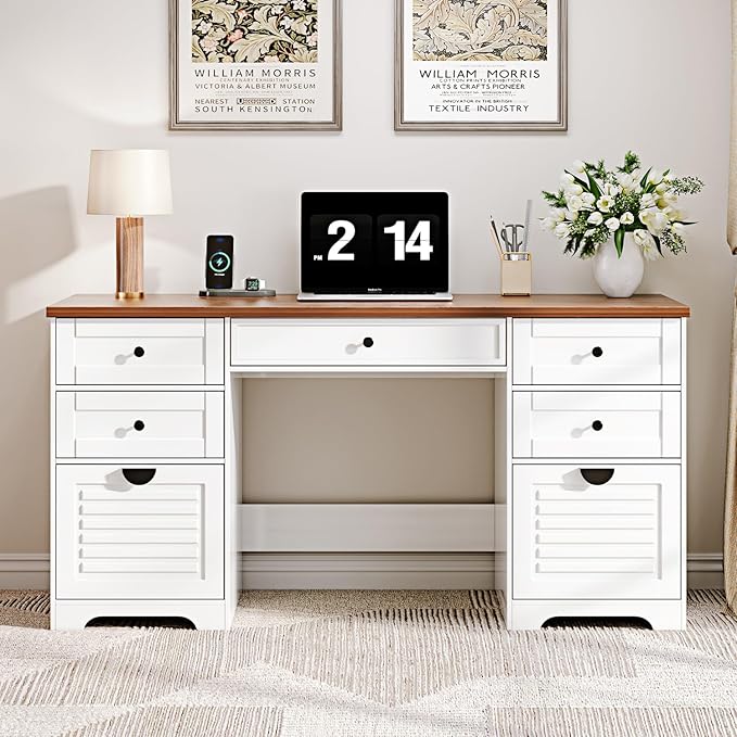 59 Home Office Desks Executive Desk Farmhouse Computer Desk with 7 Drawers and Charging Station File Drawer Rustic Computer Writing DeskAntique Cream