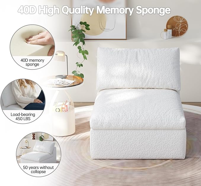 Single Cloud Sofa Chairs Boneless Cloud Chair Foam Couch Comfy Accent Bean Bag Chair for Reading Living Room Bedroom Apartment Office (White 1 Seater)