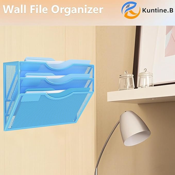Kuntine.B Wall File Organizer Office Hanging Magazine Holder Wall File Organizer for Office Home (Blue 3 Tier)