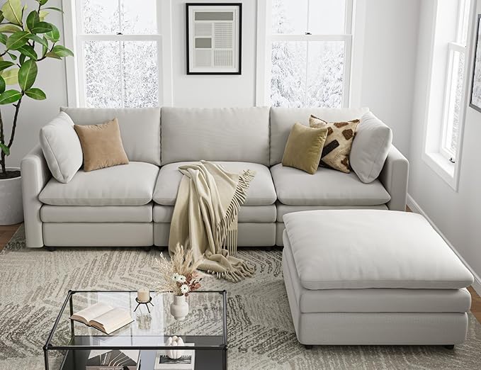 Txtin's Cloud Couches for Living Room L Shaped Sectional Couch with Ottoman Deep Plush 4 Seats Sofa Modern Sofa for Apartment Light Grey