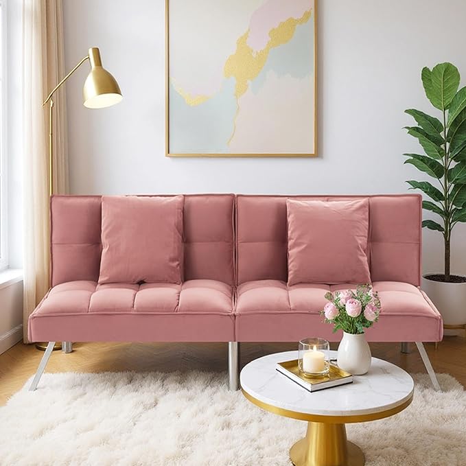 68 Modern Sofa Bed FutonConvertible Sleeper Bed Couch with 4 Reclining BackrestComfy Velvet Cloud Sofa Loveseat for Living Room Bedroom Office (Pink)