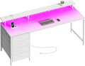 Huuger 63 Inch Computer Desk with Power Outlets and LED Lights Gaming Desk with 4 Drawers Office Desk with Monitor Stand Study Work Desk for Home Office White