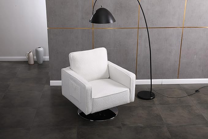 Modern Teddy Fabric Swivel Accent Chair Comfy Armchair with 360 Degree Swiveling for Living Room Bedroom Reading Room Home Office (White)
