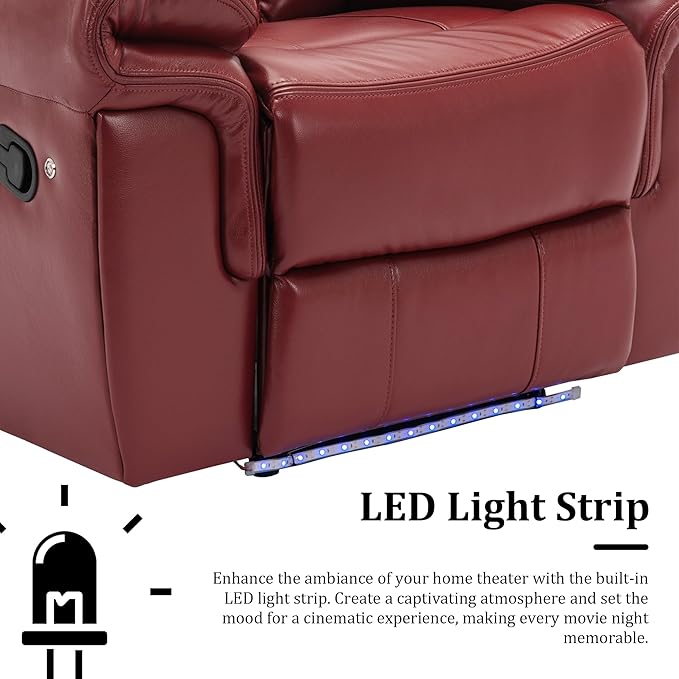 Leather Reclining Sofa SetHome Theater Seating with Center ConsoleFlipped Middle Backrestand LED Light Strip3 Seater for Living RoomOfficeHome TheaterRV (Red)