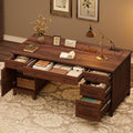 GarveeHome Executive Desk with File Drawers Farmhouse Home Office Desk with Charging Station 60 in Wooden Computer Desk with Cabinet Storage for Work Study Writing Walunt Brown