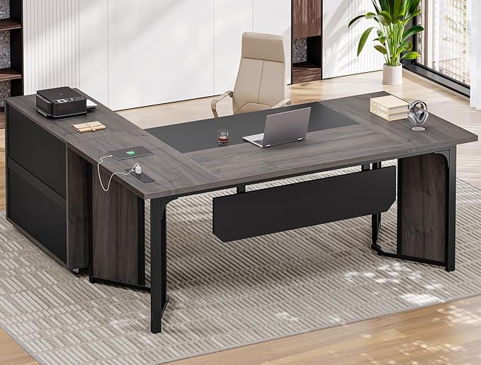 63 Executive Desk with Mobile File Cabinet Large Office Desk with Drawer Modern L Shaped Desk with Power Outlets Storage Shelves Corner Computer Desk Business Workstation Set (Grey)