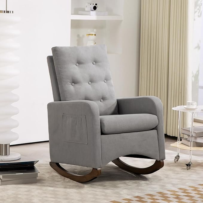 GarveeHome Upholstered Rocking Chair Accent Chair Nursery Rocking Chairs in Teddy Fabric with High Backrest Side Pocket and Rubber Wood Legs Comfy Nursing Chair for Living Room Gray (Gray)