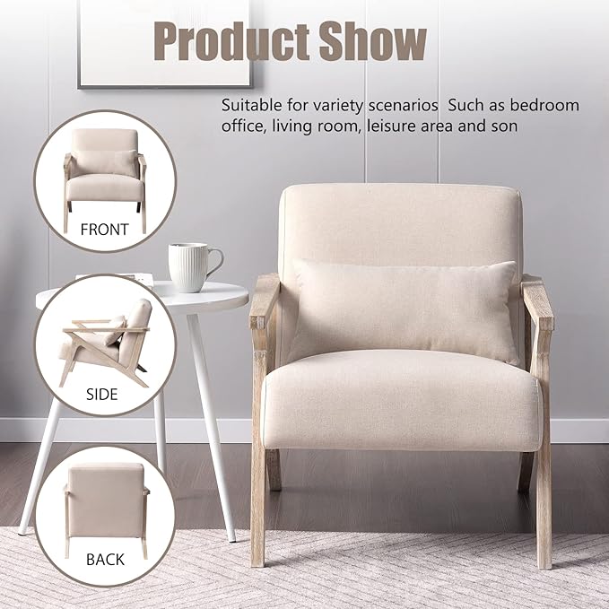 INZOY Mid Century Modern Chair with Wood Frame Upholstered Armchair with Waist Cushion Accent Chair for Living Room Bedroom Apartment Easy Assembly Beige