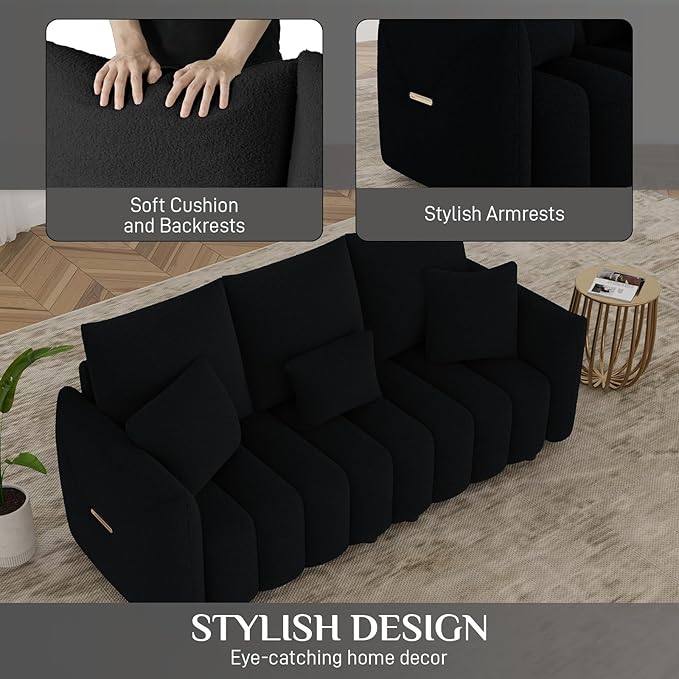 OUYESSIR Teddy Cloud Sofa Couch 81 Comfy Upholstered Sherpa Deep Seat Boucle Sofa Modern Cozy 3 Seater Couch with 3 Pillows Oversized Loveseat for Living Room Office Apartment Black