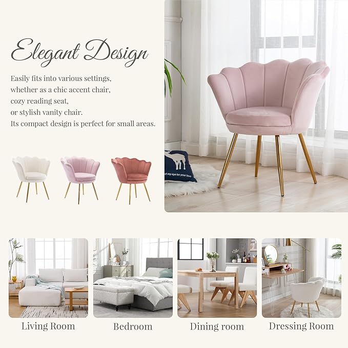 chairus Light Pink Makeup Vanity Chair with Back Modern Velvet Upholstered Small Accent Chair with Gold Metal Legs Cute Shell Shaped Vanity Stool Desk Chair for Living Room Bedroom Dressing Room