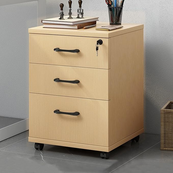 3-Drawer File Cabinet Mobile Filing Cabinet with Lock Under Desk File Organizer for Home Office Fits Letter/Legal/A4 Files Under Desk Fully Assembled Except Casters(Wood Color)