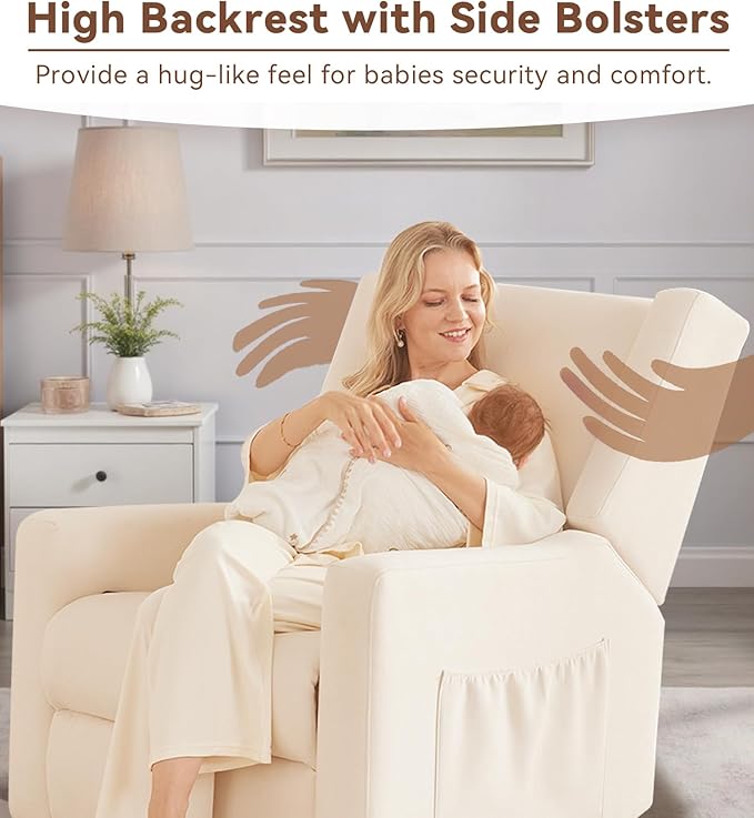 Tbfit 360° Swivel Recliner Chair Nursery Rocking Chair with Lumbar Support &amp Footrest for Bedroom Comfy Upholstered Armchair with Pillows &amp Storage Bag for Living Room (Beige Hidden Ring Ha