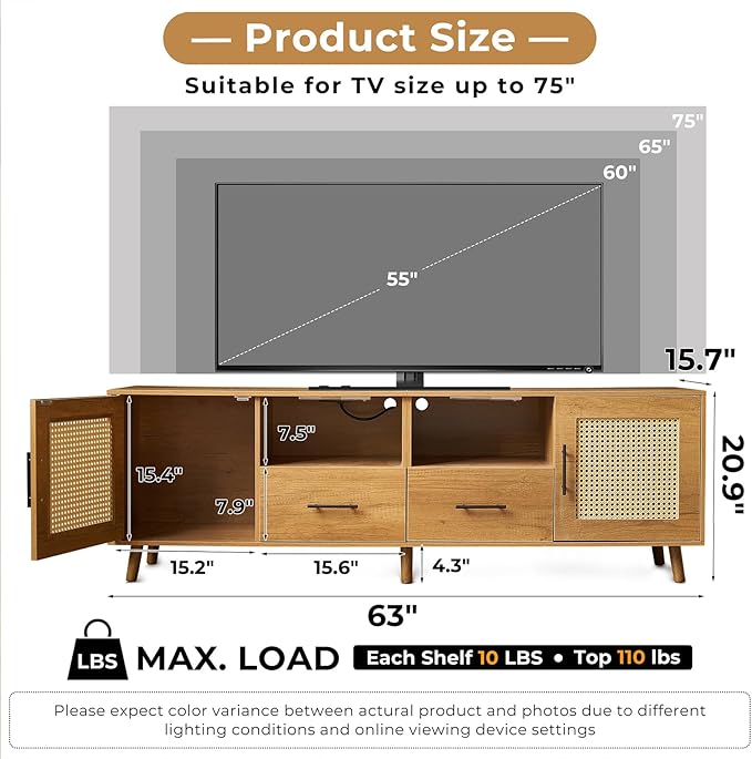 TV Stand for 70 Inch TV 63 Modern Entertainment Center with LED Light &amp Storage Shelves 2 Drawers and Cabinets Boho TV Stand with Outlet for Living Room (Oak)