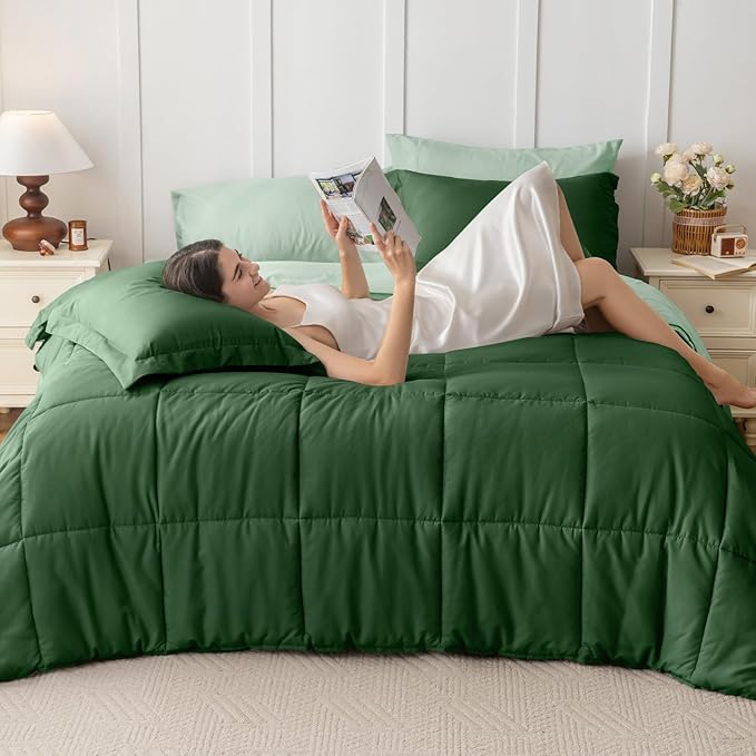 JOLLYVOGUE California King Comforter Set Ultra-Soft Bed in a Bag 7 Pieces Oeko-TEX Certified Bedding Set with Down Alternative Comforter Sheets Pillowcases &amp Shams Dark Green &amp Light Gree