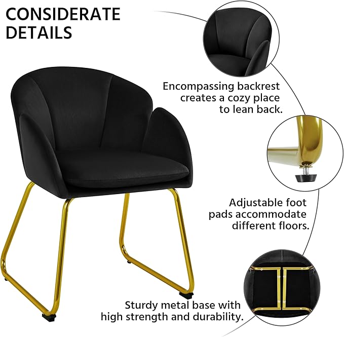 Yaheetech Modern Velvet Armchair Flower Shaped Makeup Chair Vanity Chair with Golden Metal Legs for Living Room/Makeup Room/Bedroom/Home Office/Kitchen Black