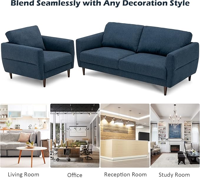 Giantex Loveseat and Armchair Set Upholstered 2-Seat Couch and Single Sofa with Solid Wood Frame Mid-Century Modern Furniture for Living Room Small Spaces Bedroom Apartment Reception Room Blue