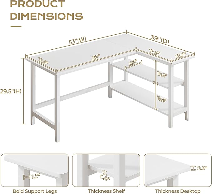 IOTXY Reversible L-Shaped Office Desk - 53 Modern Corner Computer Table with Storage Shelves Solid Wood Legs Home Writing &amp Study Workstation White
