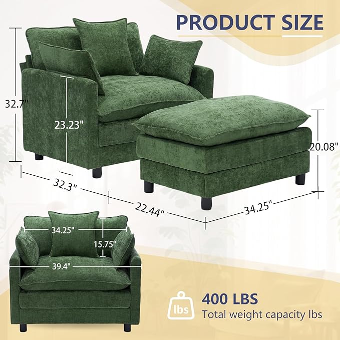 cinkehome Oversized Accent Chair with Ottoman Comfy Upholstered Armchair with Deep Seat Overstuffed Lounge Chair for Living Room Reading Nook (Green Chenille)