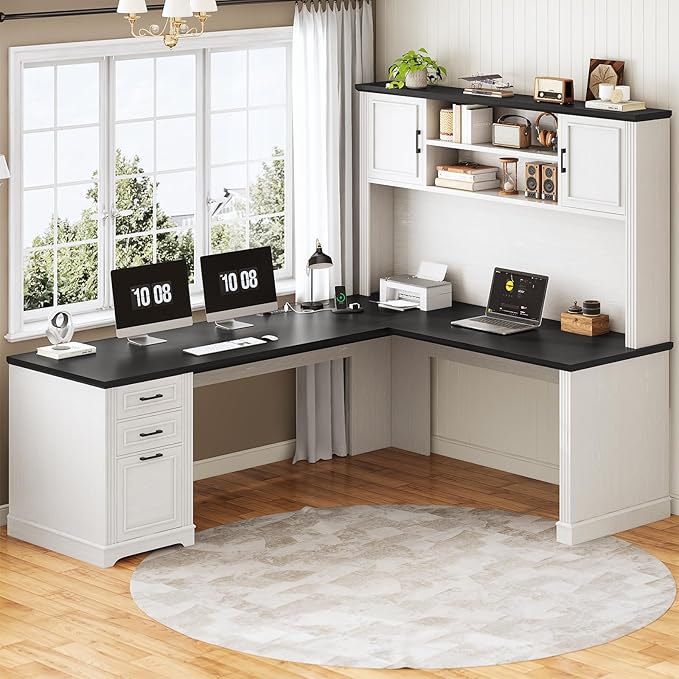 SEDETA Farmhouse L Shaped Desk with Hutch and 3 Drawers 68.9 Executive Office Desk with File Drawer and Power Outlet Corner Computer Desk with Storage Shelves for Home Office White