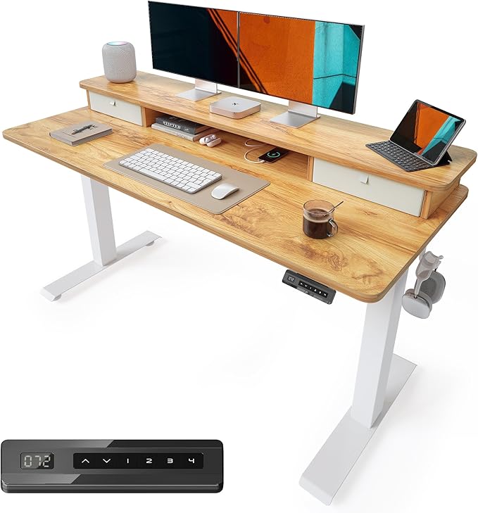 BANTI 55 x 24 Inch Electric Height Adjustable Standing Desk Ergonomic Home Office Desk with Double Drawers 4 Adjustable Feet &amp 2 Hooks Computer Workstation for Study/Office Light Rustic