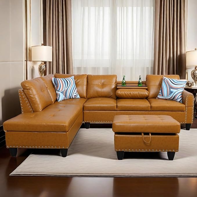 L Shaped Sectional Couch with Storage Ottoman Modern Nailhead Comfy Lounge Sofa with Reversible Cup Holder &amp Chaise 97 4 Seat Modular Sofá for Living Room Apartment Ginger