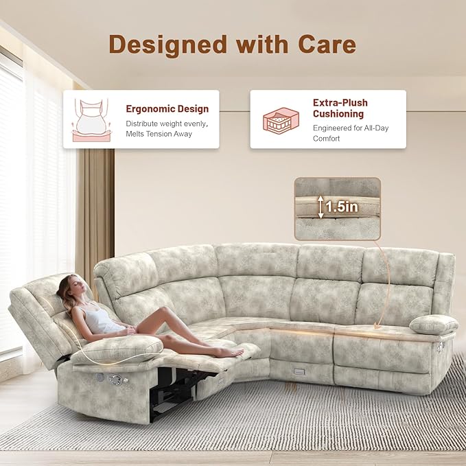 Home Theater Seating Reclining Sectional Sofa Reclining Couch with 4 USB 2 Flip-Up Middle Backrest &amp Drawers Wall Hugger RV Recliners 145° Adjustable Recline &amp Cup Holders for RV &amp Mov