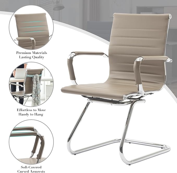 CIMOTA Waiting Room Chairs Leather Office Guest Chair Mid Back Reception Chairs with Sled Base for Meeting/Patient/Conference Room Light Brown Set of 8