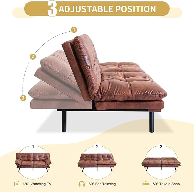 MUUEGM Futon Sofa Bed 71 Convertible Adjustable Backrest Armrests Memory Foam Couch Bed Modern Faux Leather Futon Sleeper Couch Loveseat for Living RoomOfficeApartmentSmall SpaceDark Brown