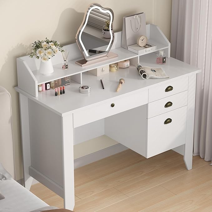 4 EVER WINNER White Desk with Drawers Small Desk with File Drawer for Small Spaces Writing Desk with Monitor Stand Wood Table for Home Office White
