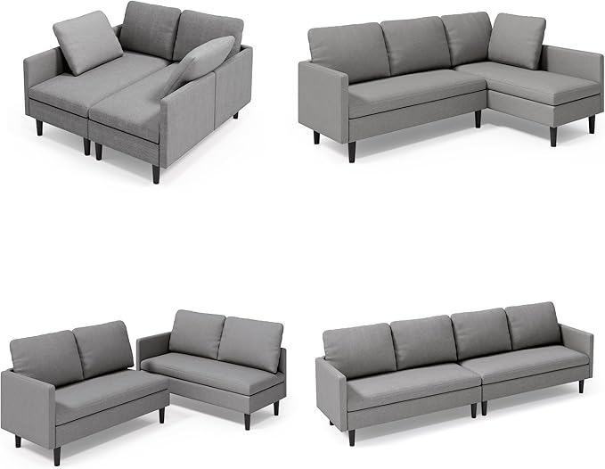 Gizoon Convertible Sectional Sofa Convertible to L-Shaped Sofa Linear and Sofa Bed with Comfortable and Soft Fabric Four Pillows for Living Room Apartment and Office Light Gray