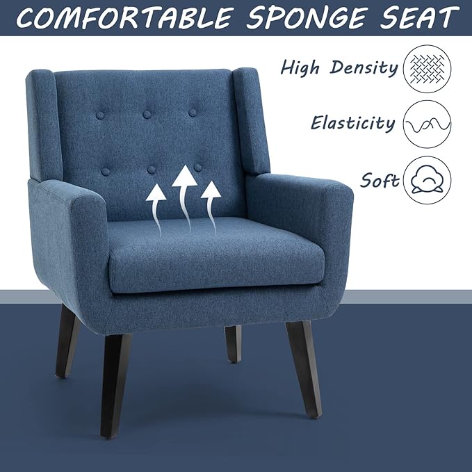 AVAWING Set of 2 Morden Accent Chair Mid-Century Modern Upholstered Sofa Chair with Rubber Wood Legs Comfy Linen Fabric Armchair for Living Room Bedroom Office (Blue)