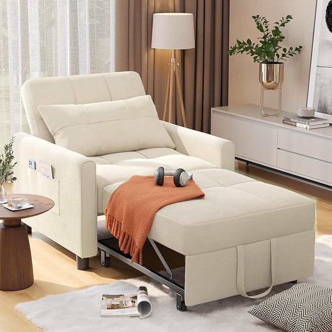 Aiho Convertible Sleeper Chair 3-in-1 Sofa Bed with Adjustable Design Pillow &amp Pocket - Pull Out Sleeper for Apartment(Beige)