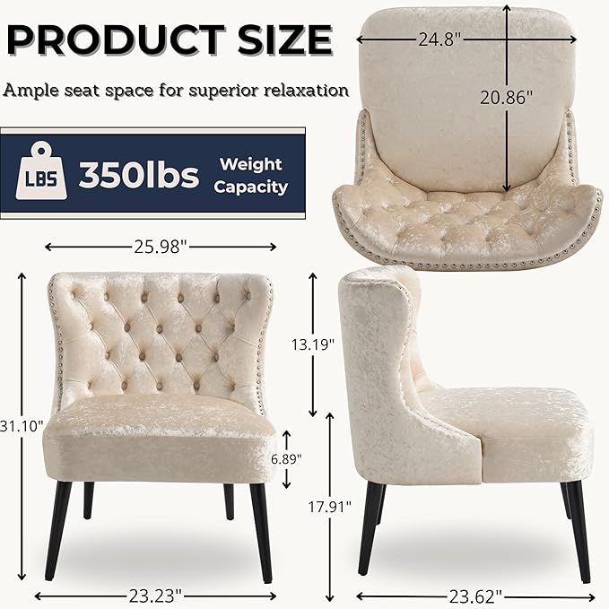 Mid Century Accent Chairs Set of 2 Upholstered Wingback Tufted Velvet Living Room Chair with Black Wood Legs Comfy Side Corner Chair for Small Spaces Bedroom Waiting Room Cafe Beige