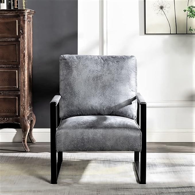 Container Furniture Classic Mid Century Modern Accent Chair with Durable Square Metal Frame Armchair for Living Room Bedroom Home Office in Spotted Microfiber Upholstery Grey