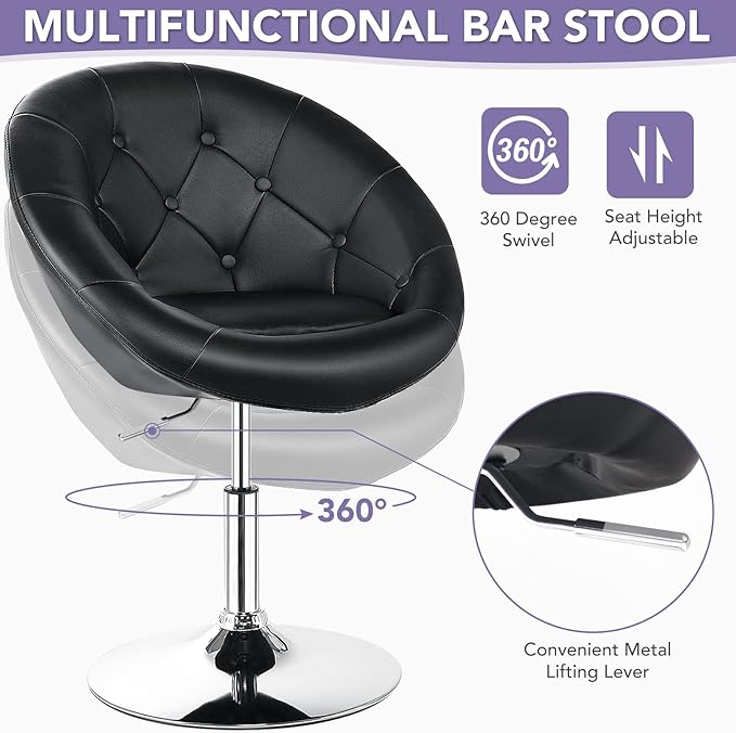 KOTEK Swivel Vanity Chair Height Adjustable Swivel Accent Chair w/Chrome Frame Modern Round Tufted Makeup Chair for Living Room Bedroom Lounge (1 Black)