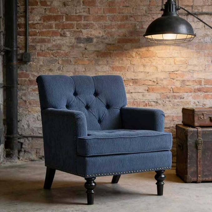 Accent Chair for Living Room Mid-Century Armchairs for Small Spaces Chenille Upholstered Comfy Reading Armchair with Studded for Bedroom (Blue)