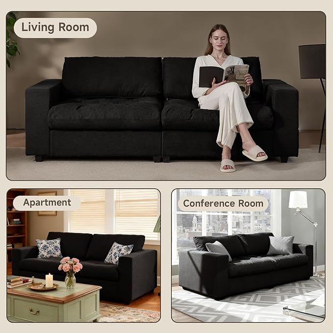 87'' Sofa Couch with Storage Deep Seat Couch for Living Room Comfy 2-Seater Moder Sofa Apartment Couches Black
