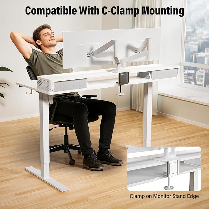 Kingant 55 x 24 Inch Electric Standing Desk with Dual Drawers Height Adjustable Sit to Stand Computer Desk with Storage Shelf and C-Clamp Mount Compatibility for Home Office White