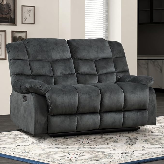EBELLO Manual Loveseat Recliner for Living Room Extra Wide Modern Overstuffed 2 Seat Reclining Couch Sofa Breathable Fabric and Padded Cushion Grey Green