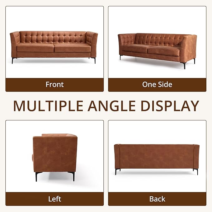 85'' W Faux Leather Sofa with Button Tufted 3 Seater Sofa with Metal Legs and Deep Seats Mid Century Modern Leather Couch for Living Room Bedroom Apartment Camel
