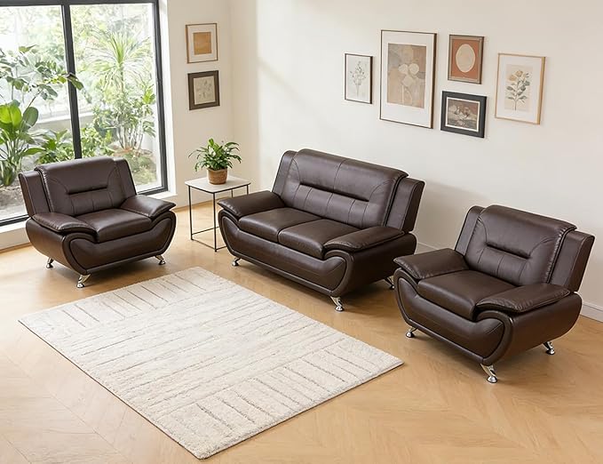 Brown Leather Sectional Sofa Couch Set Modern Sofa Set with Metal Feet 3PCS Living Room Furniture Set Easy Clean Faux Leather Loveseat &amp 2 Chairs for Home/Office/Club 2+1+1 Dark Brown