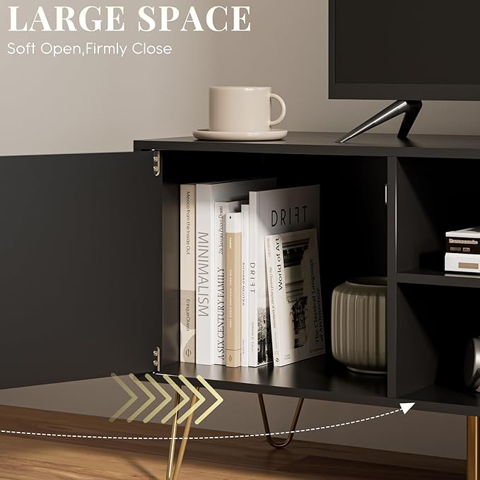 TV Stand for 55-65 inch TV Entertainment Center with Soft Hinge DoorTV Console Table with 2 Cabinets with Gold Handle and Feetfor Living Room Bedroom Black