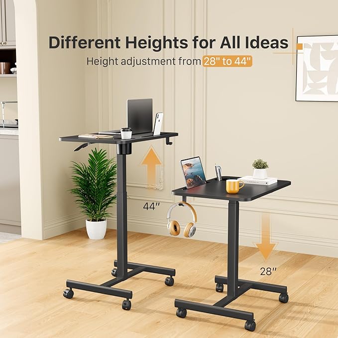 Mobile Standing Desk Rolling Laptop Cart Adjustable Height with Cup Holder 28 inch Portable Table with 4 Lockable Wheels Black Computer Workstation with Hook and Slots for Home Office