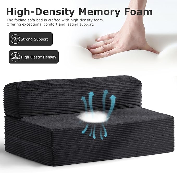 6-inch Folding Mattress Convertible Sofa Bed Foldable Floor Mattress Sleeping Couch with Removable Corduroy Cover &amp Carry Handles High-Density Foam Guest Bed Mattress (Black Queen)